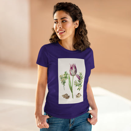Tulip flower with Two Branches of Myrtle and Shells Cotton Tee