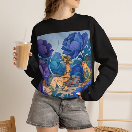 💙🌸 The Lady Among The Blue Blossoms Crewneck Sweatshirt – Art Deco Floral Reverie