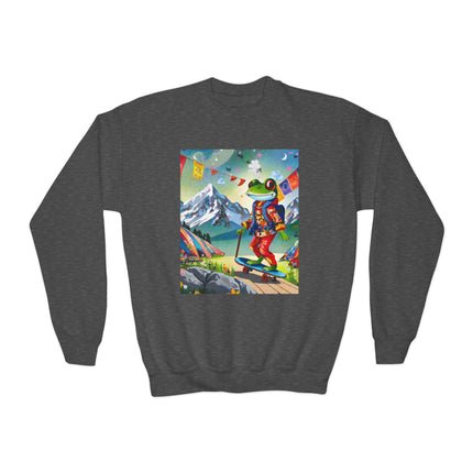 Skateboarding Frog Youth Crewneck Sweatshirt – Playful Energy & Colorful Adventure
