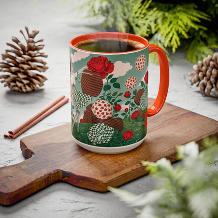 🌹💚 The Scarlet Rose Checkerboard Garden Colorful Mug – Art Deco Floral Whimsy
