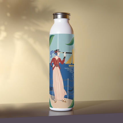 ⚓🌸 The Lady At The Seaside Slim Water Bottle – Art Deco Nautical Floral Whimsy