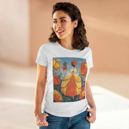 🧡🌼 The Golden Flower Promenade Cotton Tee – Art Deco Floral Elegance