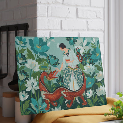 🐉🌿 The Lady And The Crimson Dragon Glass Cutting Board – Art Deco Garden Fantasy
