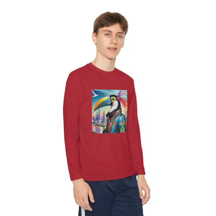 Cyber Toucan Chic Youth Long Sleeve Competitor Tee – Neon Feathers & Futuristic Style