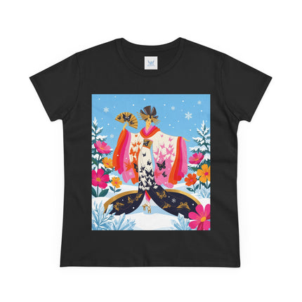 🦋❄️ Butterflies In The Snow Cotton Tee – Art Deco Japanese Floral Fantasy