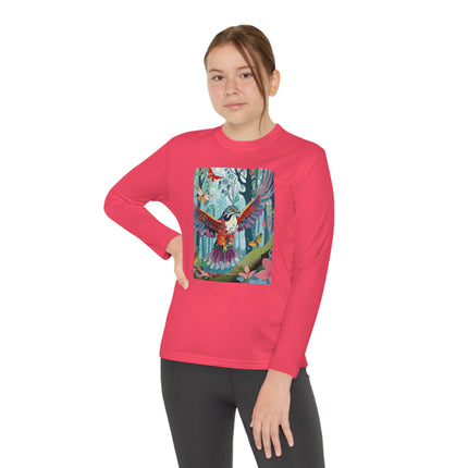 A Colorful Raptor Youth Long Sleeve Competitor Tee – Dino Adventure & Forest Wonder