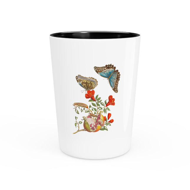 Blue Butterflies and Pomegranate by Maria Sibylla Merian Ceramic Shot Glass