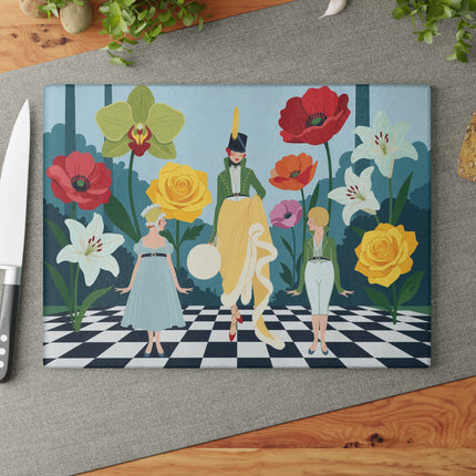 🌺🎩 The Lady And Children Of The Grand Flower Garden Glass Cutting Board – Art Deco Fashion Whimsy