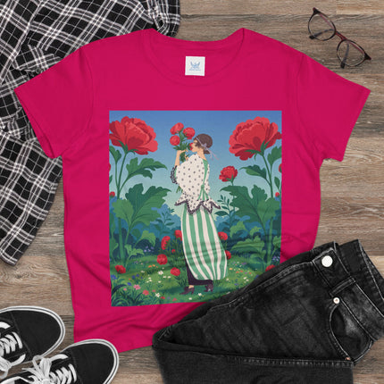 🌹🌿 The Scarlet Rose Garden Cotton Tee – Art Deco Floral Whimsy