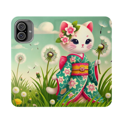 🌾🌼 Geisha Kitten and the Dandelion Wish Flip Case – Gentle Wishes & Quiet Wonder