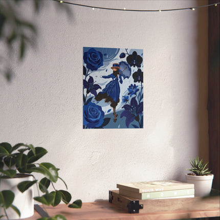 ☔💙 The Lady Of The Blue Rain Matte Vertical Poster – Art Deco Floral Whimsy