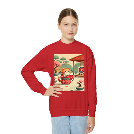 Archer Kitten in the Zen Garden Youth Crewneck Sweatshirt – Focus, Calm & Playful Precision