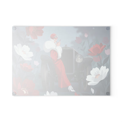 🚗🌺 The Lady Of The Scarlet Roadster Glass Cutting Board – Art Deco Motoring Elegance