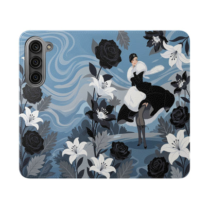 🖤🤍 The Lady Of The Black Rose Garden Flip Case – Art Deco Floral Elegance