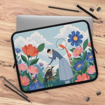 🌺🦜 The Lady Of The Garden Aviary Laptop Sleeve – Art Deco Floral Whimsy