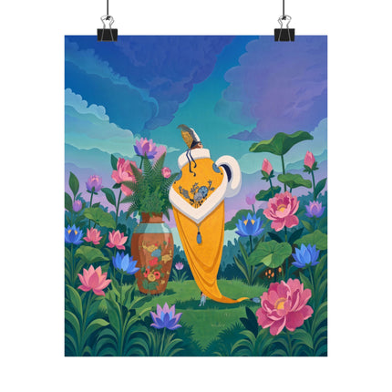 🪷✨ The Lady Of The Golden Lotus Stroll Matte Vertical Poster – Art Deco Floral Elegance