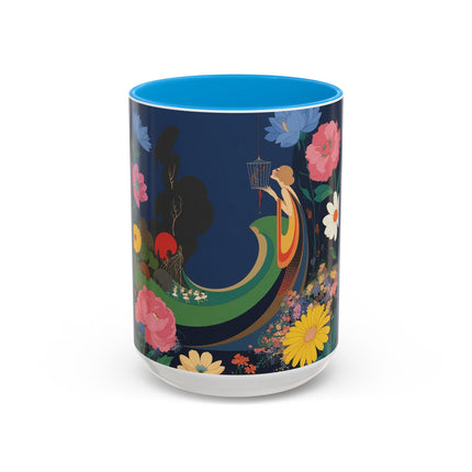 The Lady And The Crimson Moonbird Colorful Mugs – Art Deco Whimsical Garden Elegance