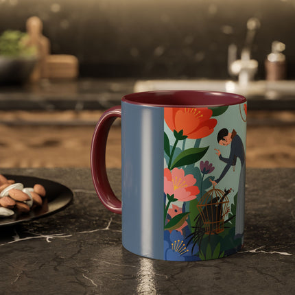 The Lady And The Mysterious Bird Colorful Mugs – Art Deco Botanical Mystery