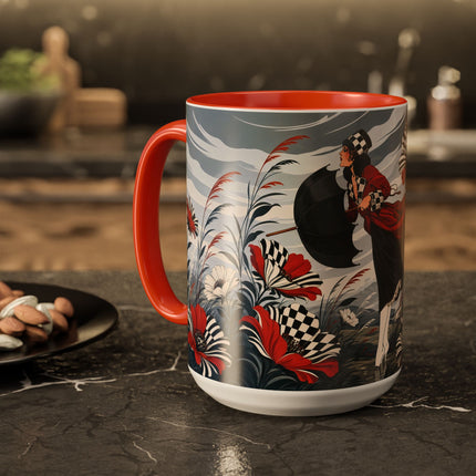 ☔🌹 The Scarlet Checkerboard Rainstorm Colorful Mug – Art Deco Floral Elegance