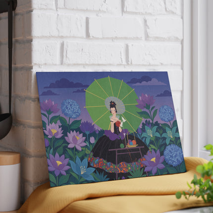 🧶🌸 The Lady Of The Lotus Threads Glass Cutting Board – Art Deco Floral Sewing Elegance