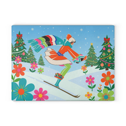 🎿❄️ The Christmas Ski Jumper Glass Cutting Board – Colorful Winter Holiday Fantasy