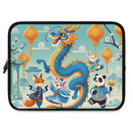 Blue & Gold Dragon Festival Parade Laptop Sleeve – Joyful Celebration & Cultural Magic