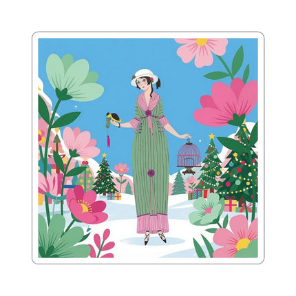 🐦🎄 The Lady Of The Christmas Songbird Kiss-Cut Sticker – Art Deco Holiday Fantasy