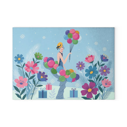 🎈❄️ The Lady Of The Winter Balloon Garden Glass Cutting Board – Art Deco Holiday Fantasy