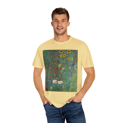 Farm Garden with Sunflowers by Gustav Klimt Unisex Garment-Dyed T-shirt