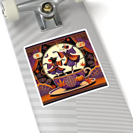 Theatrical Halloween Kabuki Mice on Teacup Kiss-Cut Stickers (4 Sizes)