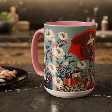 ❤️🌺 The Scarlet Parasol Spectacle Colorful Mug – Art Deco Fashion Elegance