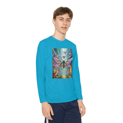 Neon Swarm Youth Long Sleeve Competitor Tee – Cyberpunk Flight & Futuristic Energy