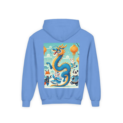 Blue & Gold Dragon Festival Parade Youth Hooded Sweatshirt – Joyful Celebration & Cultural Magic