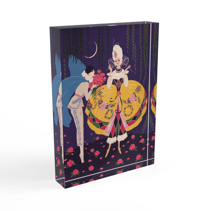 🌹🌙 The Lady Of The Moonlit Rose Masquerade Acrylic Art Block – Art Deco Fashion Illustration