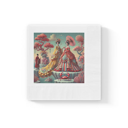 Cherry Blossom Courtesans & Crimson Crab White Coined Napkins – Imperial Elegance & Playful Charm