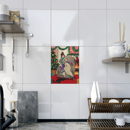 🔥🐈‍⬛ The Lady Of The Christmas Hearth Ceramic Tile – Art Deco Holiday Warmth