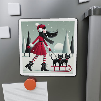 Red Sled & Curious Cats Die-Cut Magnets (5 Sizes)