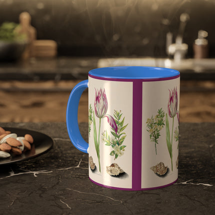 Tulip, Branches of Myrtle and Shells by Maria Sibylla Merian Colorful Mugs, 11oz