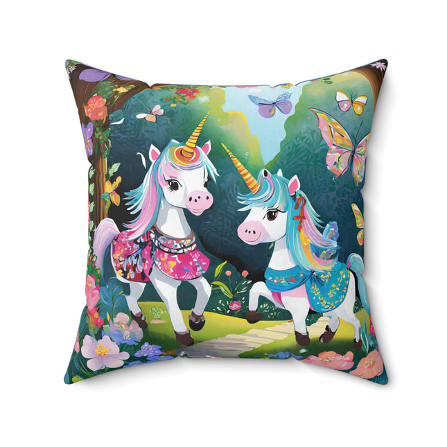 Baby Unicorns and Fluttering Butterflies Spun Polyester Square Pillow