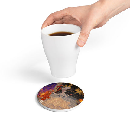 🌙🎃 The Moonlit Parlor Masquerade Ceramic Coaster – Elegant Halloween Romance