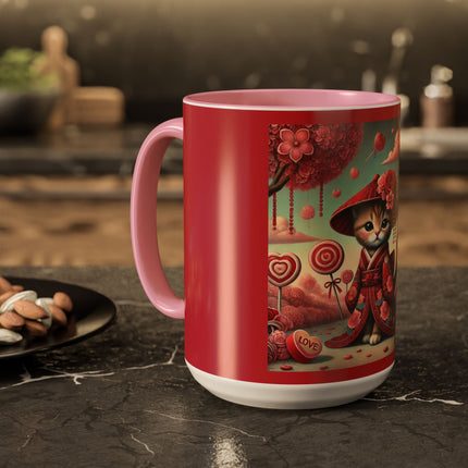 Whimsical Geisha Kitten in a Valentine Garden Colorful Mugs (11oz, 15oz)