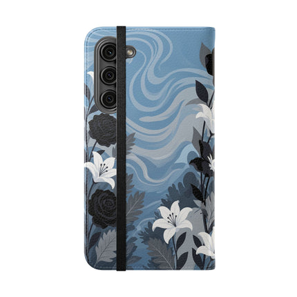 🖤🤍 The Lady Of The Black Rose Garden Flip Case – Art Deco Floral Elegance