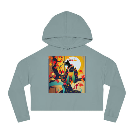 Black Cat in Kimono Women’s Cropped Hooded Sweatshirt
