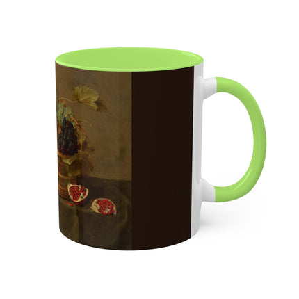 Basket of Grapes and a Pomegranate on a Table by Jacob van Hulsdonck Colorful Mugs, 11oz