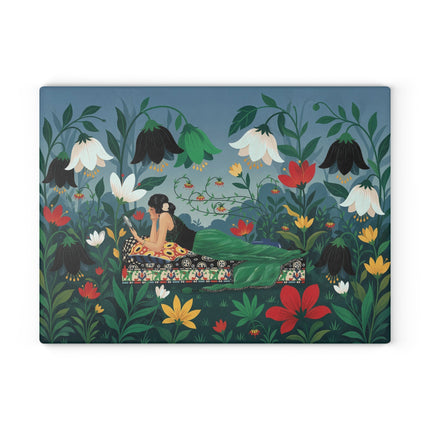 🌺🔍 The Lady In The Secret Garden Glass Cutting Board – Art Deco Floral Elegance