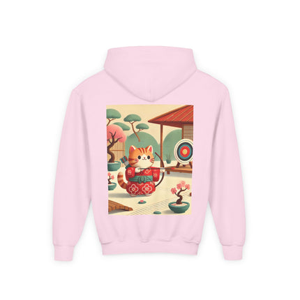 Archer Kitten in the Zen Garden Youth Hooded Sweatshirt – Calm Focus & Playful Strength