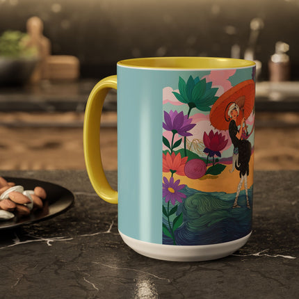 The Lady Of The Coral Parasol Colorful Mugs – Art Deco Coastal Elegance