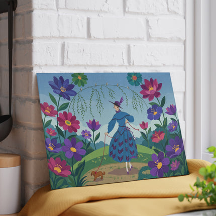 🌸🐕 The Lady Of The Flower Walk Glass Cutting Board – Art Deco Garden Elegance