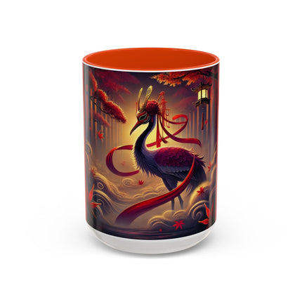 Regal Crimson Crane in the Autumn Mist Colorful Mugs (11oz, 15oz)