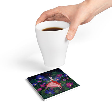 🌺✨ The Lady Of The Starlit Enchanted Garden Ceramic Coaster – Art Deco Floral Fantasy